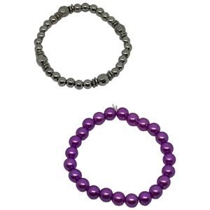 Duo Metallic & Purple Pearl Stretch Bracelet Set Boho Chic Statement Jewelry